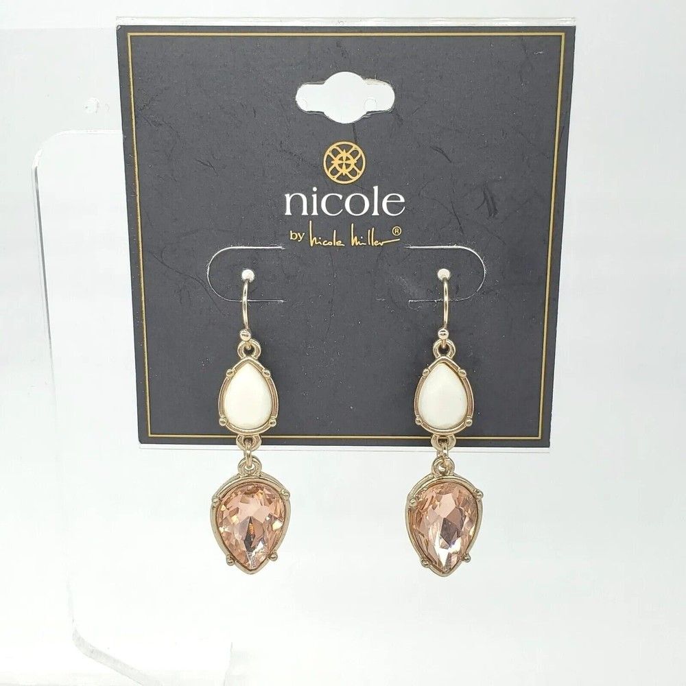 Nicole Miller White Champagne Faceted Stone Gold Dangle Earrings NEW NWT Coastal